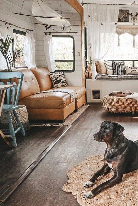 See how a couple transformed their outdated RV into a boho surf shack! #rvideas Boho Surf Shack, Travel Trailer Interior, Rv Living Room, Rv Interior Design, Airstream Travel Trailers, Camper Trailer Remodel, Vintage Camper Remodel, Trailer Interior, Diy Camper Remodel