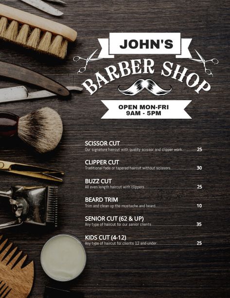 Design created with PosterMyWall Barber Shop Price List Design, Barber Flyer Design, Barber Price List, Barber Shop Poster, Barber Poster, Price List Design, Clipper Cut, Barbershop Design, Tapered Haircut