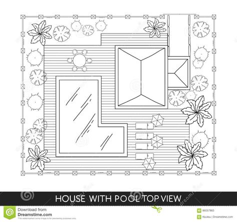 Landscape Plan Of The House With Swimming Pool, Furniture And Trees In Top View Stock Vector - Illustration of furniture, landscaping: 86057863 Outdoor Furniture Top View, Swimming Pool Furniture, Furniture Top View, House With Swimming Pool, Portfolio Booklet, Top Paintings, House Design Exterior, Architect Design House, Architectural Section