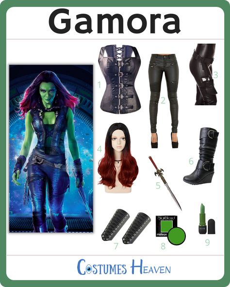 Nebula Guardians Of The Galaxy Costume Diy, Diy Gamora Costume For Women, Gamora And Peter Costume, Gamora Costume Diy, Gamora Makeup Tutorial, Gamora Outfit, Leather Arm Armor, Starlord Costume, Guardians Of The Galaxy Costume