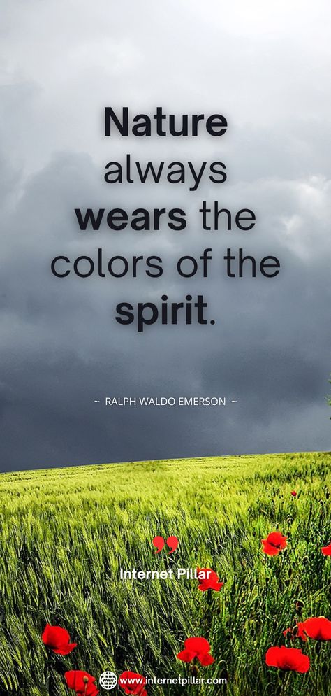 Nature always wears the colors of the spirit ~ Ralph Waldo Emerson - 35 Colors of Nature Quotes to Appreciate Beauty  - #quotes #inspirationalquotes #motivationalquotes #sayings #quote #internetpillar #bestquotes #inspirationquotes #motivation #inspiration #famousquotes #captions #lifequotes #wisequotes #dailyquotes #wordsofwisdom #lifequotes #quotesbygenres #positivequotes Nature Quote, Love Nature Quotes, Creation Quotes, Nature Quotes Inspirational, Magical Quotes, Save Nature, Quotes By Genres, World Quotes, Spiritual Words