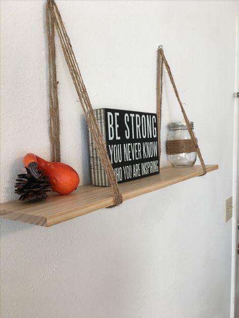 Hanging shelf Rope Wall Hanging, Shelf For Wall, String Shelf, Rope Wall, Rustic Wooden Shelves, Dollar Store Diy Projects, Wall Hanging Shelves, Cute Diy Room Decor, Rock Decor