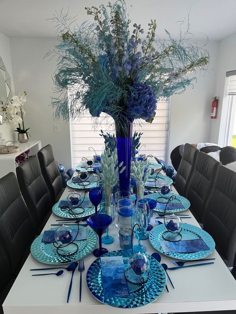 All blue everythinh for this dinner party setup Jessica Santos Events All Shades Of Blue Party Decorations, Shades Of Blue Decorations Party, Blue Party Decorations For Women, Navy Blue Dinner Party, Blue And Silver Dinner Table Setting, Shades Of Blue Party Decorations, Blue Color Theme Party Ideas For Adults Food, Blue Theme Dinner Party, Birthday Table Set Up For Men Blue