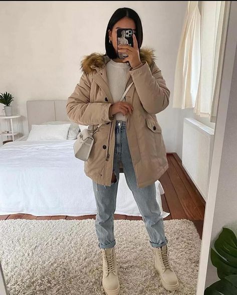 Outfits of the day 🩷 #ootd #outfits #outfit #goals Beige Parka Outfit Winter, Beige Parka Outfit, Parka Outfit Winter, Beige Parka, Parka Outfit, Layered Outfit, Denim And Boots, Parka Style, Easy Winter Outfit