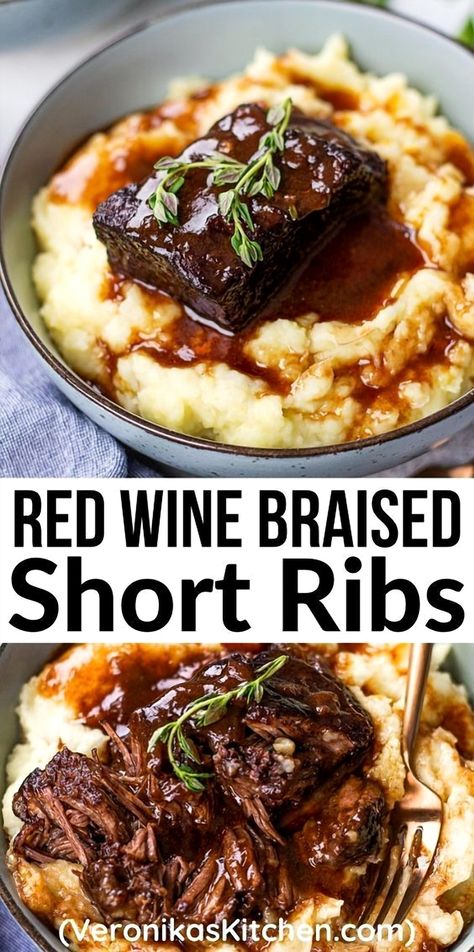 Indulge in the ultimate comfort food with these slow-cooked short ribs, bathed in a luxurious red wine sauce. Perfect for cozy dinners or special occasions, this dish promises tender, fall-off-the-bone meat infused with deep, savory flavors. Let your kitchen fill with the irresistible aroma of this hearty meal, sure to impress family and friends. Short Ribs In Dutch Oven, Ribs In Dutch Oven, Slow Cook Short Ribs, Dutch Oven Ribs, Red Wine Braised Short Ribs, Wine Braised Short Ribs, Cooking Short Ribs, Beef Ribs Recipe, Beef Short Rib Recipes