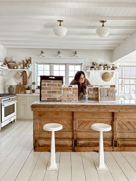 White Cottage Farm Kitchen Reno - The Brick Stove Cove Start - Liz Marie Blog Timeless Playroom, Farmhouse Clothesline, Mudroom Update, Kitchen Island Ideas Farmhouse, Kitchen Cabinet Door Ideas, Joist Ceiling, Cozy Home Exterior, Scroll Stoppers, Brick Paint Colors