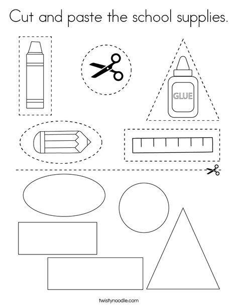 Cut and paste the school supplies Coloring Page - Twisty Noodle School Supplies For Preschoolers, School Supplies Kindergarten, Backpack Activities For Preschool, School Supplies Crafts Preschool, School Supplies Preschool Activities, School Supplies Craft, School Supplies For Kids, Backpack Craft Preschool, School Supplies Activities For Kids