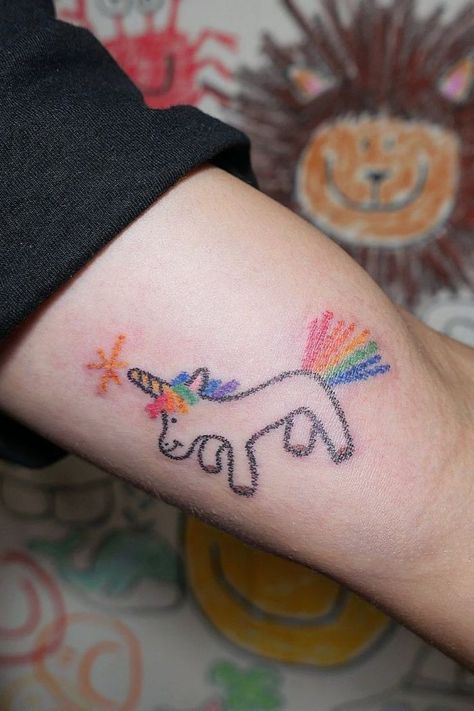 Crayon Tattoo, Illustrative Tattoo, Unicorn Tattoo, Kid Drawing, Unicorn Tattoos, Animal Love, Drawing Tattoo, Book Tattoo, Unicorn Art