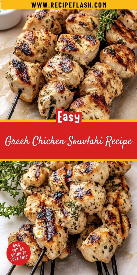 Dreaming of a Mediterranean feast? This Greek Chicken Souvlaki Recipe is the answer, offering juicy chicken paired with savory tzatziki and fresh veggies. A perfect meal for any occasion, make sure to save this for your Mediterranean dinner ideas collection! Mediterranean Dinner Ideas, Greek Chicken Souvlaki Recipe, Souvlaki Chicken, Chicken Souvlaki Recipe, Paleo Chicken Breast, Souvlaki Marinade, Greek Souvlaki, Tzatziki Chicken, Greek Chicken Souvlaki