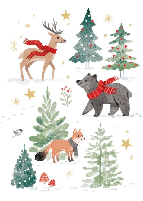 Winter Animal Illustration, Christmas Animal Art, Christmas Animal Drawing, Christmas Dinosaur Drawing, Christmas Forest Illustration, Christmas Animals Illustration, Kathryn Selbert, Christmas Stones, New York Images