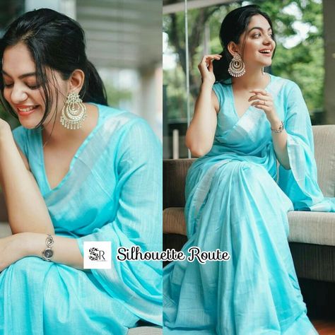 Blue Saree Blue Saree Jewellery Ideas, Ahaana Krishna In Saree, Wedding Saree Blouse Designs Latest, Blouse Designs South Indian, Blouse Designs Latest Bridal, Blouse Work Designs Latest, Saree Blouse Work, Saree Blouse Back Designs, Saree Blouse Aari Work