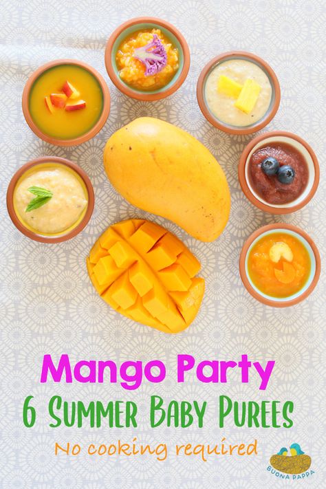 6 mango baby purees original combos that do not require any cooking, ready in 10 min. Healthy, nutritious and so tasty that my kids (6 and 8) enjoy them as smoothies :-) Mango Baby Puree, Mango Puree Baby, Fruit Puree Recipes Baby, Mango Puree Recipe, Mango Baby Food, Baby Purees, Baby Chanel, Baby Food Combinations, Baby Food By Age