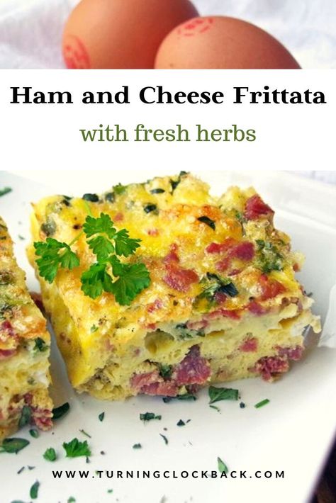 Ham and Cheddar Frittata Squares Recipe with Fresh Herbs  #eggrecipesfordinner #frittatarecipes #cleanrecipes Ham And Cheese Frittata, Tomato Basil Recipes, Ham Frittata, Recipe With Ham, Cheddar Frittata, Fritata Recipe, Fritatta Recipe, Easy Frittata Recipe, Egg Recipes For Dinner