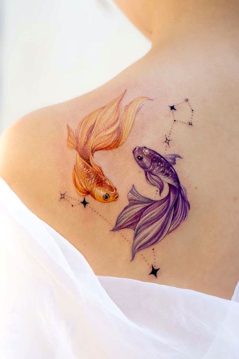 Unique Pisces Tattoos, Pisces Tattoo Ideas, Pisces Fish Tattoos, Betta Fish Tattoo, Goldfish Tattoo, Pisces Tattoo Designs, Pisces Tattoo, Horoscope Tattoos, Pisces Tattoos