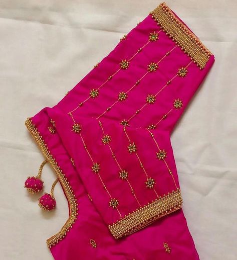 Thered Work Blouse, Simple Aari Work Blouse Design For Pattu Saree, Simple Aari Work Blouse Design, Simple Aari Work Blouse, Blouse Design Aari Work, Simple Aari Work, Aari Work Blouse Design, Blouse Maggam Work, Mirror Work Blouse Design