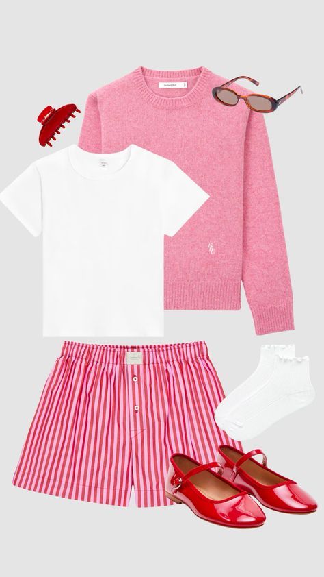 Summer New England Outfits, Pink And Red Aesthetic Outfit, Pink Slacks Outfit, Red Ballerinas Outfit, Red And Pink Outfit, Pink And Red Outfit, Aesthetic Casual Outfits, Red Ballerinas, The Best Outfits