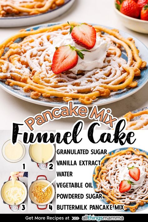 Homemade Funnel Cakes Easy, Funnel Cake Recipe Pancake Batter, Funnel Cake Flavor Ideas, At Home Funnel Cake, Pancake Funnel Cake, Cake From Pancake Mix How To Make, Funnel Cake Fries Recipe With Pancake Mix Easy, Peach Cobbler Funnel Cake, Diy Funnel Cake Pancake Batter