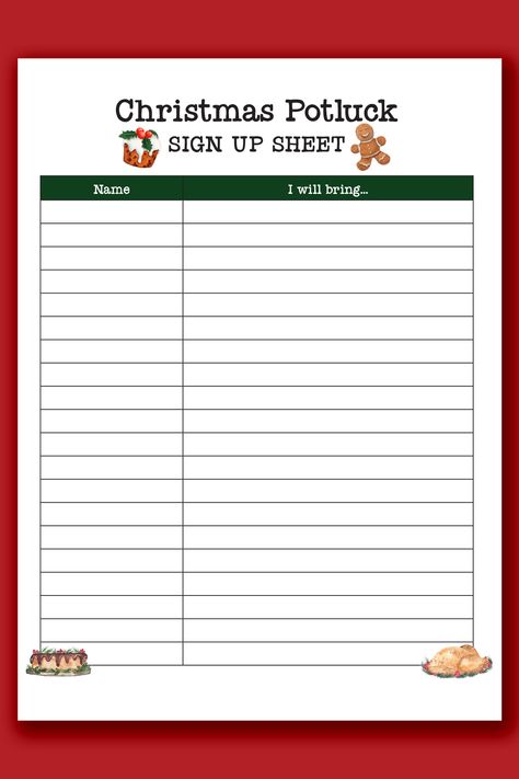 Christmas Potluck Sign Up Sheet Free Printable Preschool Party Sign Up Sheet, Christmas Party Sign Up Sheet Classroom, Potluck Signup Sheet Free Printable, Sign Up Sheet Template Editable Free, Christmas Sign Up Sheet, Food Sign Up Sheet Free Printable, Snack Sign Up Sheet Printable Free, Christmas Food Potluck, Sign In Sheet Template Free Printable