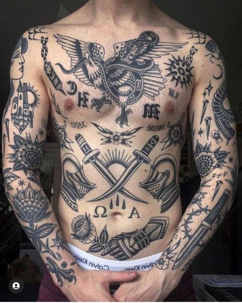 Traditional Full Body Tattoo, Old School Stomach Tattoo, Traditional Torso Tattoos, Traditional Chest Tattoo Men Ideas, Traditional Tattoos Chest, Blackwork Chest Tattoo, American Traditional Black And Grey, Traditional Tattoo Torso, American Traditional Tattoos Men