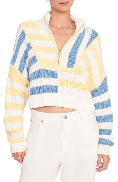 Dropped shoulders frame this slouchy cotton-blend sweater designed in lively stripes with a sporty half-zip placket on a subtly cropped silhouette. 17 1/2" length (size Medium) Half-zip closure Mock neck Long sleeves 60% cotton, 40% acrylic Dry clean Imported True Summer Outfits, Summer Color Analysis, Kate Outfits, Sweater Colorful, 2025 Trends, Half Zip Sweater, True Summer, Striped Turtleneck, Fall Inspo