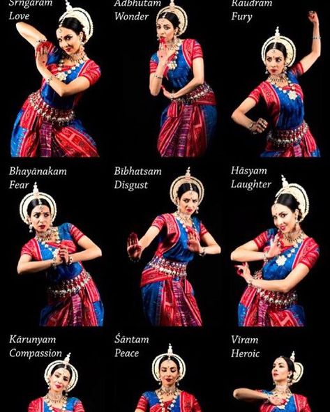 The Art of Nava Rasa in Odissi Classical Indian Dance. . . . A RASA literally means "juice essence or taste". It connotes a concept in Indian arts about the aesthetic flavour of any visual literary or musical work that evokes an emotion or feeling in the reader or audience but cannot be described. It refers to the emotional flavors/essence crafted into the work by the writer and relished by a 'sensitive spectator' or sahṛdaya literally one who "has heart" and can connect to the work with emotion Odishi Dance Photography, Odissi Dance Photography, Teaching Folk Dance Around The World, Shakti Dance, Odissi Dance, Bharatanatyam Dancer, Indian Classical Dancer, Dance Forms, Dancing Poses