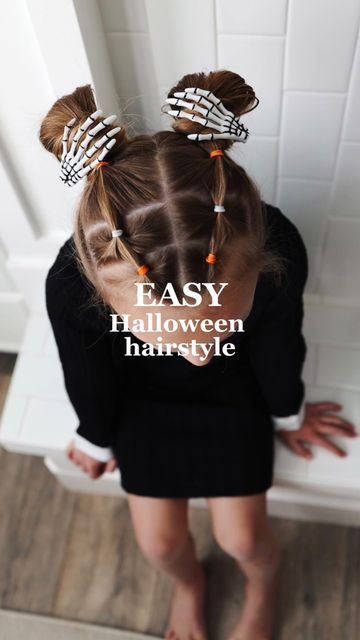 Banks girl on Instagram: "Do my nieces hair with me 🎃 featuring skeleton clips! 💀 #girlshairstyles #easyhairstyles #girlshair #easyupdo #halloweenhair #halloweenhairstyles #halloween #halloweencostume #halloweenideas #toddlerhairstyles" Fun Hair Day Schools, Girls Halloween Hair Ideas, Skeleton Hairstyles, Halloween Toddler Hairstyles, Halloween Hair Styles For Girls Kids, Cute Halloween Hairstyles For Kids, Toddler Halloween Hairstyles, Toddler Halloween Hair, Girls Halloween Hairstyles