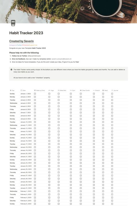 A habit tracker that allows you to track your daily habits on the way toward achieving your big goals for 2023. This notion template contains:- Daily View, Weekly View, Monthly View, Prefilled date, Prefilled weekdays & more. Download this template now for free and shape your life. Notion Pages Ideas, Notion Habit Tracker Template, 2023 Notion, Minimalist Notion, Notion Templates For Students, Habit Tracker Notion, Habits To Track, Notion Pages, Notion Habit Tracker