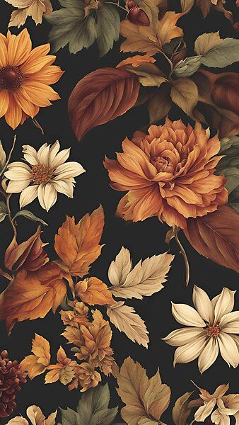 In Bloom in Autumn by SunsandSerpents | Redbubble Autumn Floral Wallpaper, Wallpaper Backgrounds Aesthetic Vintage Fall, Vintage Autumn Illustration, Autumn Colors Wallpaper, Autumn Background Aesthetic, Wallpaper Iphone Flowers, Holiday Iphone Wallpaper, November Wallpaper, Vintage Floral Backgrounds