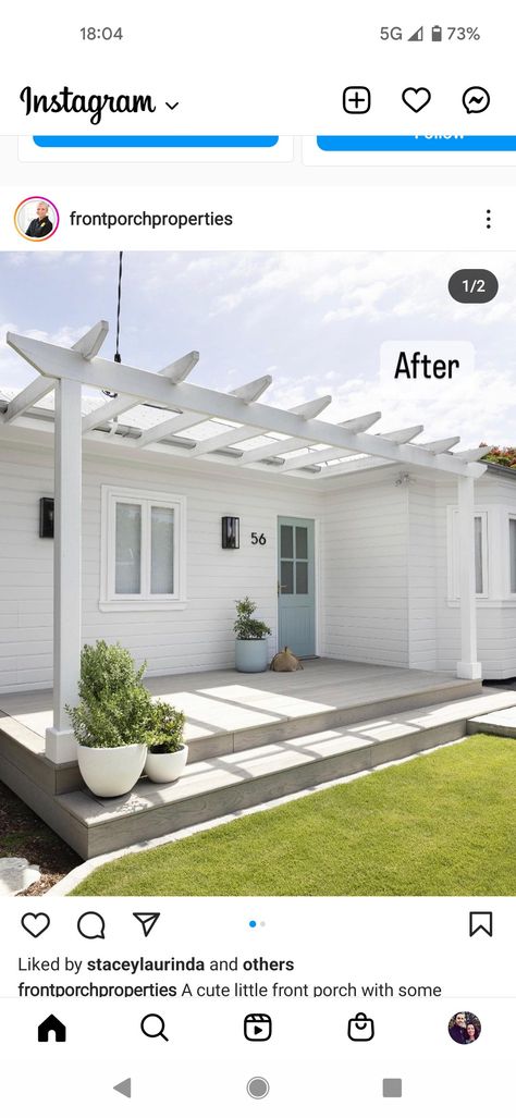 Front Verandah Ideas Entrance, Weatherboard House Exterior, White Weatherboard House, Weatherboard Exterior, White Pergola, Front Stairs, Weatherboard House, White Porch, Front Verandah