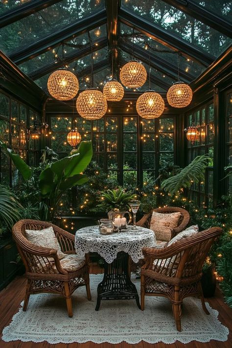 Vintage Christmas Conservatory Christmas Conservatory Ideas, Conservatory Christmas Decor, Conservatory Fairy Lights, Conservatory Lighting Ideas, Christmas Conservatory, Victorian Foyer, Small Country House, Holiday Tea Party, Home Conservatory