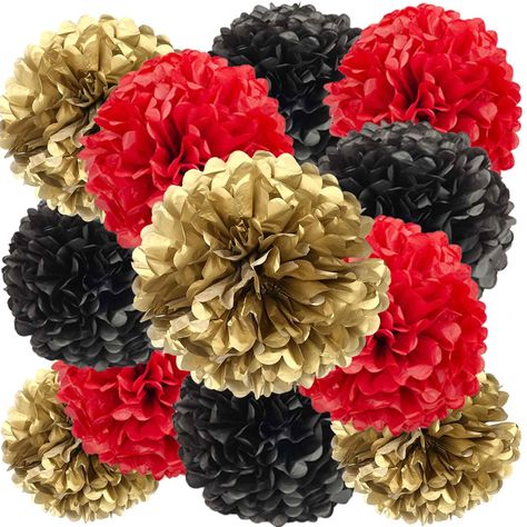 PRICES MAY VARY. Paper Pom Poms.Suitable for variety of themed parties decoration, wedding, birthday, bridal shower, baby shower,anniversary, bridal shower,large party event decor or any other celebration. 12pcs Package：10 inch: red * 2pcs, black * 2pcs, gold * 2pcs，12 inch: red * 2pcs, black * 2pcs, gold * 2pcs Tissue pom poms.Made of high quality tissue paper. Individually packed.Easy to assemble.Each one has a white ribbon for easy display. Pre-folded and pre-cut, all you need is to fluff the Pom Poms Decorations, Hanging Pom Poms, Decorations For Wedding, Christmas Gift Tags Diy, Tissue Pom Poms, Tissue Flowers, Gold Backdrop, Gold Party Decorations, Gold Wedding Theme