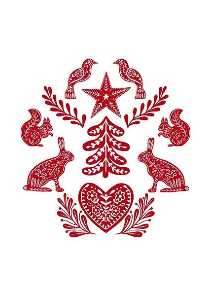 Scandi Christmas folk art with forest animals red by TinyFlowerArt | Redbubble Folk Art Squirrel, Symmetrical Illustration, Scandi Folk Art, Folksy Christmas, Christmas Folk Art, Scandinavian Tattoo, Folk Art Ornament, Folk Art Christmas, Folk Illustration