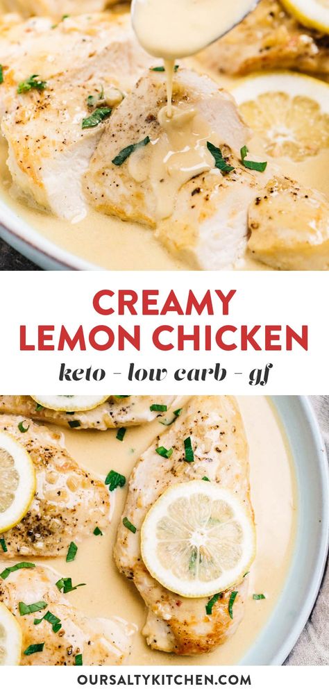 Creamy Lemon Chicken is rich and comforting without being heavy. This is a simple, frugal chicken recipe that easily satisfies a comfort food craving without too much guilt. Naturally low carb, keto, and gluten free, lemon chicken pairs perfectly with just about every side dish in your clean eating arsenal. Quick enough for weeknight dinners, and impressive enough for company, chicken with lemon creamy sauce is an instant classic. #chicken #keto #lowcarb #glutenfree #healthydinner Company Chicken, Easy Roasted Potatoes, Chicken Keto, Creamy Lemon Chicken, Low Fat Low Carb, Side Dishes For Chicken, Low Carb Low Fat Recipes, Lemon Chicken Recipe, Sauce For Chicken