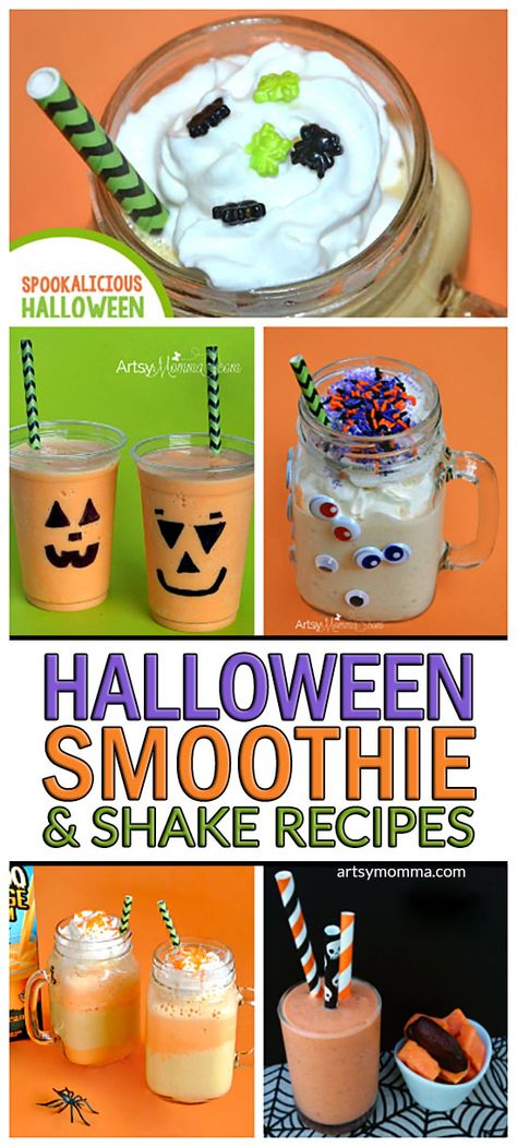 Halloween Smoothies, Fun Kids Drinks, Kids Drinks Party, Halloween Shakes, Kids Drinks, Smoothie Recipes For Kids, Kids Halloween Party, After School Snack, Kid Friendly Halloween