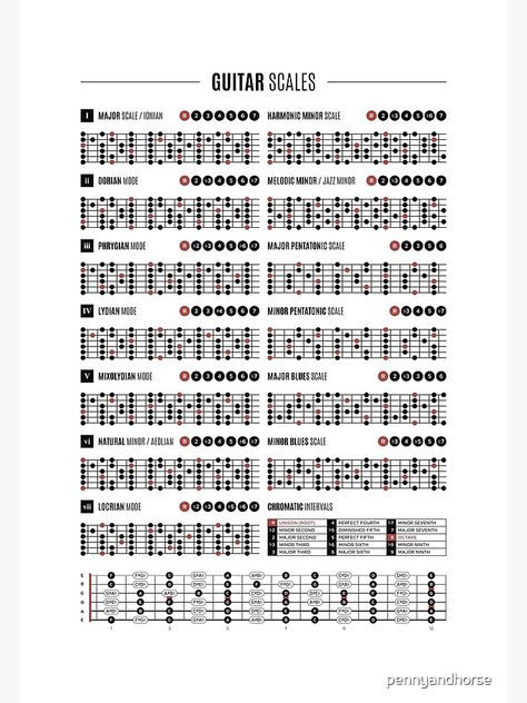 "Guitar Scales & Modes Chart" Poster by pennyandhorse | Redbubble Guitar Modes Chart, Guitar Modes, Guitar Scales Charts, Guitar Tabs For Beginners, Learn Guitar Chords, Guitar Exercises, Guitar Fretboard, Music Theory Guitar, Fingerstyle Guitar