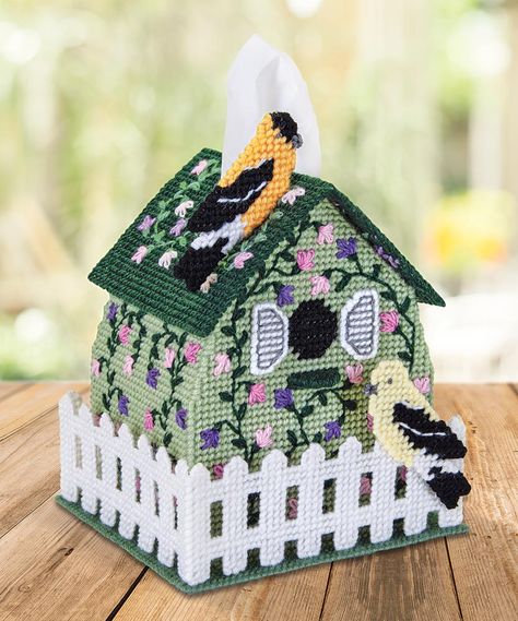 Birdhouse tissue box cover Tissue Box Diy, Plastic Canvas Tissue Box Cover, Tissue Box Crafts, Kleenex Box Cover, Box Craft, Plastic Canvas Ornaments, Plastic Canvas Tissue Boxes, Plastic Canvas Patterns Free, Tissue Box Holder