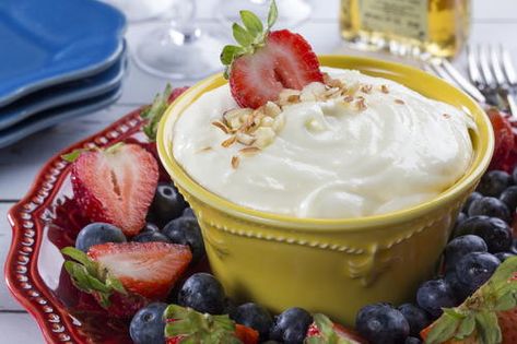 Amaretto Fruit Dip | MrFood.com Amaretto Dip, Dip For Fruit, Amaretto Recipe, Food Dips, Healthy Fruit Dip, Fruit Dips Recipes, Pretzel Salad, Sweet Dips, Cook Recipes