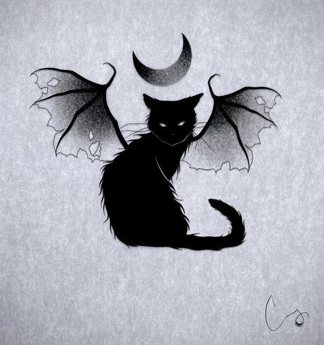 Bat Cat Tattoo Design, Demon Cat Tattoo Design, Shadow Cat Tattoo, Spooky Black Cat Tattoo, Flying Cat Tattoo, Witchy Bat Tattoo, Bat Cat Drawing, Black Cat Flash Tattoo, Cat With Bat Wings Tattoo