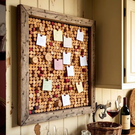 DIY wine cork message board in rustic kitchen with wood accents and wine decor Cork Collection Display, Creative Furniture Ideas, Cork Board Ideas, Suitcase Shelves, Skateboard Shelves, Wine Cork Board, Hanging Ladder, Diy Cork Board, Cork Collection