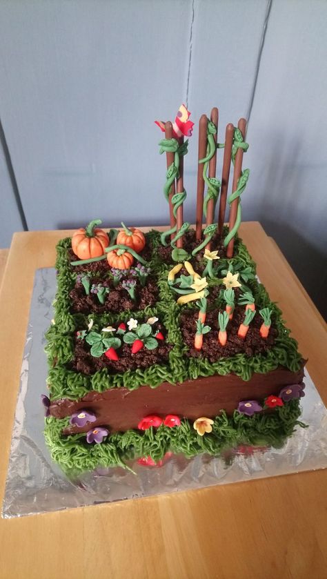 I made this cake for a wonderful friend. Classic chocolate cake with chocolate ganache and all vegetables, and butterfly, made from coloured fondant. 'Bean poles' created from Micado! Allotment Cake, Chocolate Cake With Chocolate Ganache, Classic Chocolate Cake, Cake With Chocolate Ganache, Wonderful Friend, Pole Beans, Country Cooking, All Vegetables, Food Trends