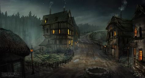 Haunted English Village Dystopian Oc, Dnd Pictures, Haunted Towns, Vila Medieval, Sleepy Hallow, Fantasy Architecture, Fantasy Village, Fantasy Town, Dark Castle