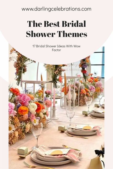 17 of the prettiest Bridal Shower themes and ideas for a gorgeous Bridal Shower. #bridalshower #bridalshowerthemes #bridalshowerideas Golden Bridal Shower Theme, Ideas For Bridal Shower Theme, Bridal Shower Ideas Themed Spring, Bridal Shower 2024, August Bridal Shower Ideas, Flower Themed Bridal Shower Ideas, Bridal Shower Themes Spring, Love Is Blooming Bridal Shower Theme, Bridal Shower Themes 2024