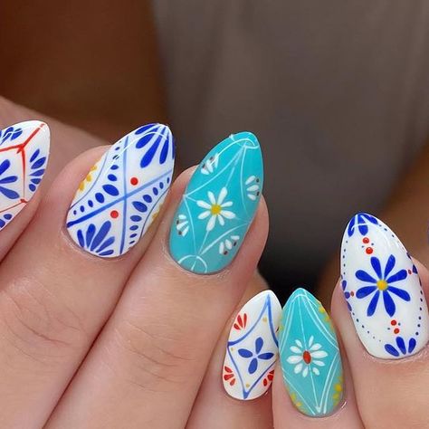 Blue Talavera Nails, Spanish Tile Nail Art, Quilt Nail Art, Portuguese Tile Nails, Mexican Tile Nail Art, Mexican Tile Nails, Greek Nail Art, Tile Nail Art, Septiembre Nails