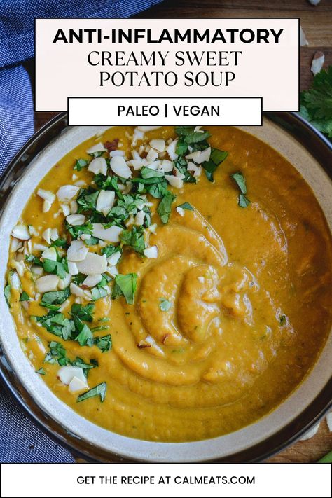 This Vegan Sweet Potato soup is warming, filling and delicious with flavors of masala and coriander. Perfect for cooler weather or anytime! #sweetpotatosoup #coconutsoup #coconutsweetpotatosoup #souprecipe #vegansweetpotatosoup #curriedsweetpotatosoup #vegansoup #paleosoup #whole30soup #creamydairyfreesoup #dairyfreecreamysouprecipe Vegan Sweet Potato Soup Recipes, Paleo Sweet Potato Soup, Sweet Potato Soup Recipes Easy, Yam Soup Recipe, Vegan Sweet Potato Soup, Whole 30 Soup, Curried Sweet Potato Soup, Sweet Potato Soup Vegan, Inflammatory Meals