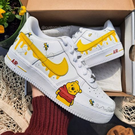 Nike Shoes Painting, Winnie The Pooh Shoes Diy, Winnie The Pooh Nike, Winnie The Pooh Air Force Ones, Winnie The Pooh Shoes Nike, Painted Baby Shoes, Winnie The Pooh Shoes, Custom Winnie The Pooh Shoes, Af1 Disney Custom