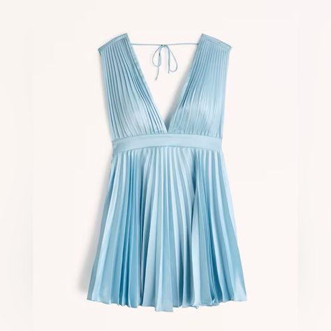 Flattering Mini Dress In Satin Fabric, With Plunging V-Neckline, All-Over Pleating Details And Adjustable Straps With Center Back Zipper Closure. Body:100% Polyester / Lining:100% Polyester Light Blue Mini Dress, Ice Dresses, Abercrombie And Fitch Dresses, Pleated Mini Dress, Halter Mini Dress, Blue Mini Dress, Hoco Dresses, 50's Dress, Mini Dress With Sleeves