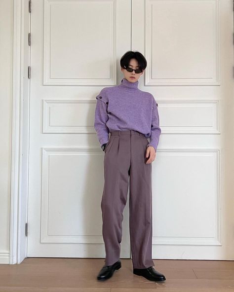 Purple Outfit Korean Men, Purple Turtleneck Outfit Men, Purple Outfits For Men, Purple Men Outfit, Pastel Male Outfits, Purple Outfits Men, Twink Outfit, Turtleneck Outfit Men, Pastel Aesthetic Outfit