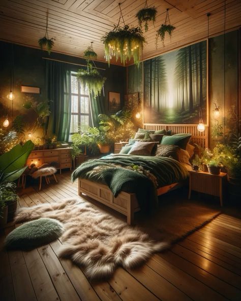 Cottage Core Bedroom Aesthetic, Forest Room Aesthetic, Breezy Bedroom, Greenery Bedroom, Small Home Decor Ideas, Room Greenery, Wooden Wall Decorating Ideas, Forest Green Bedrooms, Room Forest