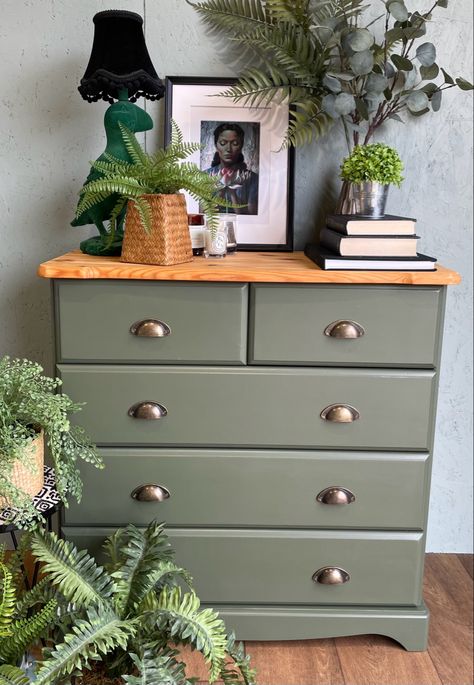 11 Drawer Dresser, Sage Green Refurbished Furniture, Green Diy Dresser, Sage Green Dresser Makeover, Green Dresser Wood Top, Refurbished Tallboy, Dresser Makeover Green, Upcycled Tallboy, Diy Refurbished Dresser