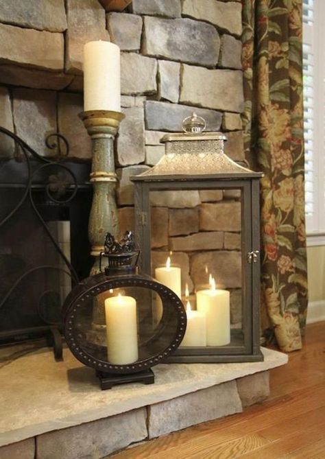 Easy living room fireplace & mantel decorating ideas using flameless LED battery operated candles, tea lights, votives, lanterns and other products to achieve an elegant everyday hearth display & wow your guests. Candles Mantle, Decorate Mantle, Decorate Fireplace, Candles Fireplace, Decorating Fireplace, Mantle Decorating, Fireplace Decorations, Candles In Fireplace, The Mantle